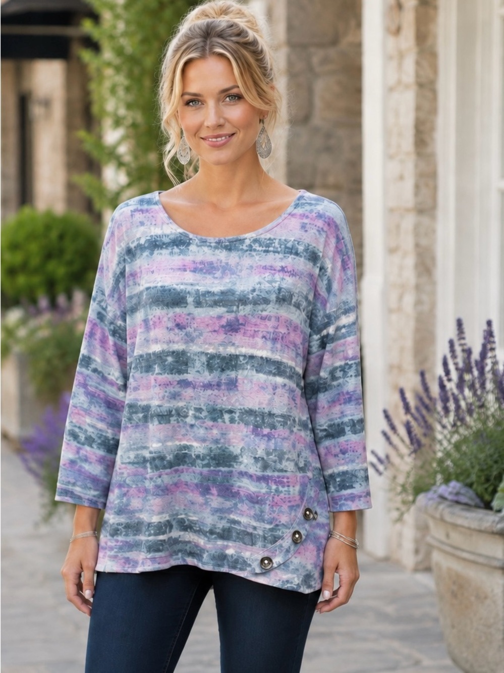 Allison Daley Petite Watercolor Stripe Button Hem Top PXL